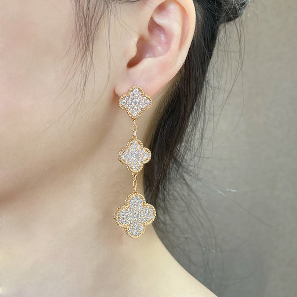 ˇSirae GemˇCLOVER 3 MOTIFS DIAMOND PAVED ROSE GOLD EARRINGS