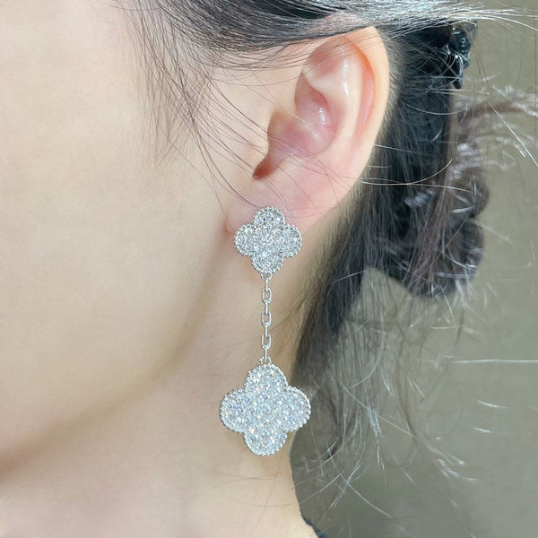 ˇSirae GemˇCLOVER 2 MOTIFS DIAMOND PAVED SILVER EARRINGS