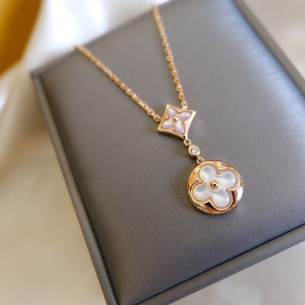 ˇSirae GemˇSTAR AND SUN WHITE MOP 2 MOTIF PINK GOLD NECKLACE