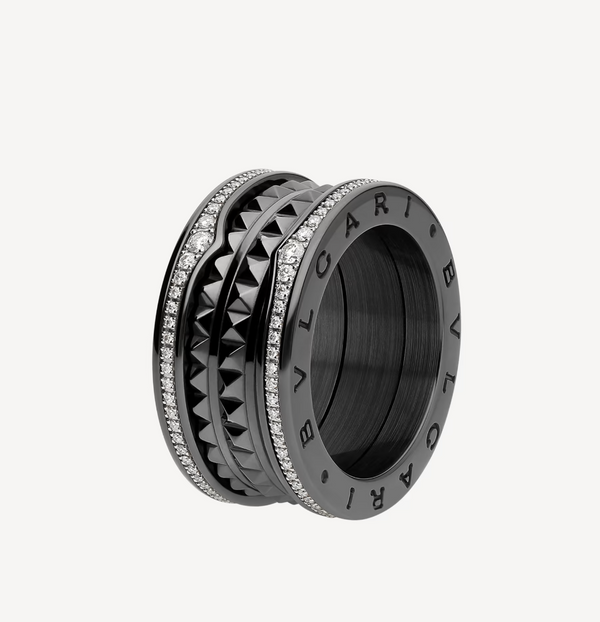 ˇSirae GemˇZERO 1 ROCK FOUR-BAND BLACK CERAMIC WITH STUDDED SPIRAL AND PAVED DIAMONDS RING