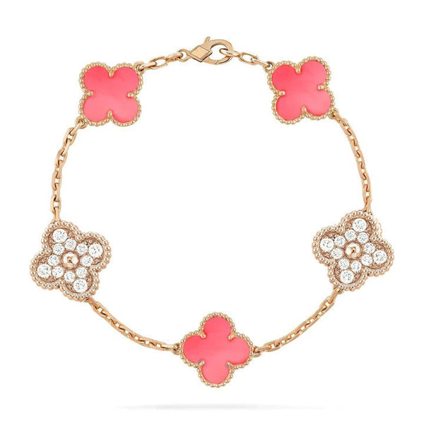 ˇSirae GemˇCLOVER 5 MOTIF DIAMOND PINK MOP ROSE GOLD BRACELET