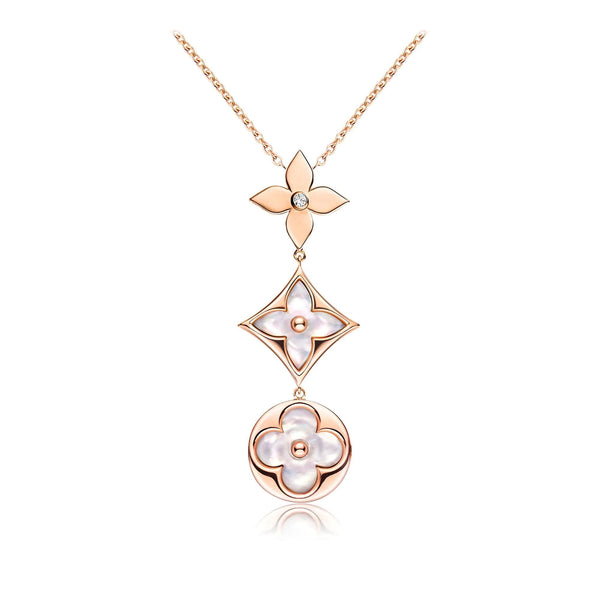 ˇSirae GemˇCOLOR BLOSSOM LARIAT NECKLACE PINK GOLD WHITE MOTHER PEARL AND DIAMOND