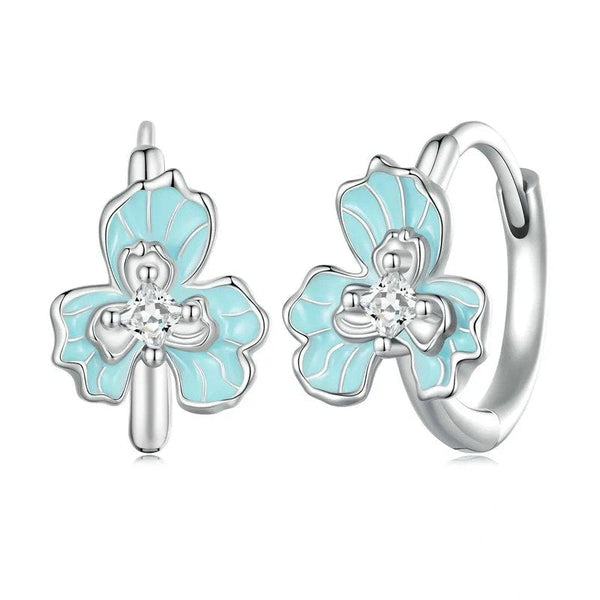 ˇSirae GemˇBlue Enamel Iris Ear Buckles Flower Hoop Earrings