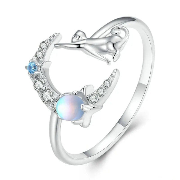 ˇSirae GemˇCat and Moon Cute Animal Opening Ring Moonstone Adjustable Ring