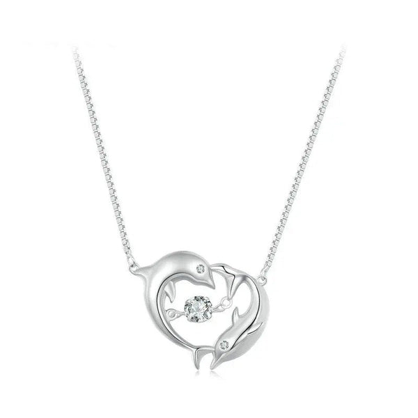 ˇSirae GemˇDouble Dolphins Necklace Shiny Zircon Love Neck Chain