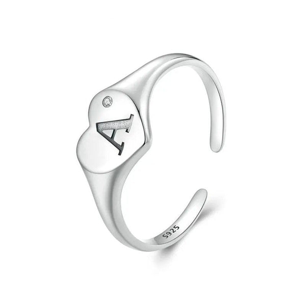 ˇSirae GemˇEngraved Initial Letter A Open Ring Heart-shaped Adjustable Stackable Rings