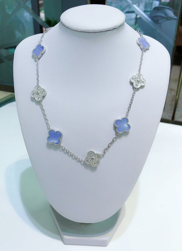ˇSirae GemˇCLOVER 10 MOTIFS CHALCEDONY DIAMONDS SILVER NECKLACE